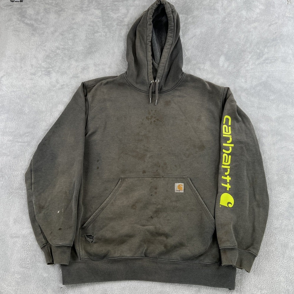 Carhartt Loose Fit Sleeve Logo Hoodie L Gray Distressed Workwear Thrashed Fade